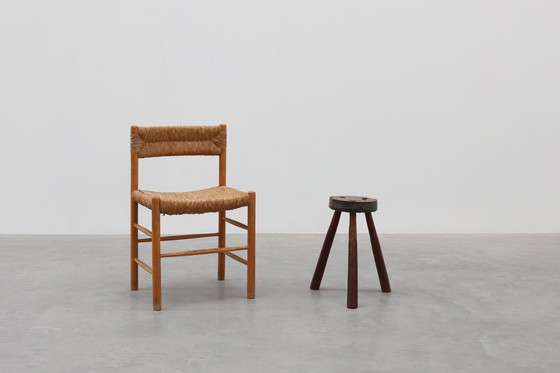 Image 1 of Brutalist French solid oak tripod stool with metal rim, 1850s