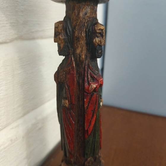 Hand-carved wooden candlestick with saint figures – 24 cm – Sculpture (photo 4 of 13)