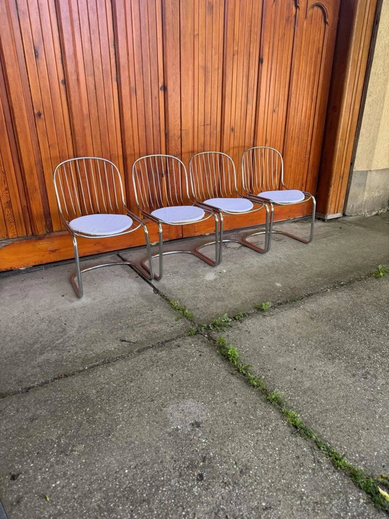 Italian Dining Chairs by Gastone Rinaldi, 1970s, Set of 4, Metal, Textile, Italian Design (photo 4 of 10)
