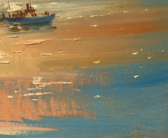 Image 1 of Dipinto ad olio originale, Paesaggio costiero serale, Tramonto arancione sul mare