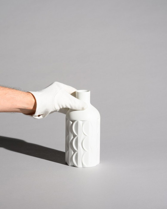 Image 1 of Retro Scherzer Werner Uhl Design Biskuitporzellan Flaschenvase Op-Art Relief TRIO