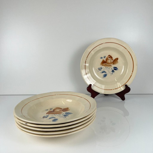 Set van 6 Sarreguemines soepborden met bloemmotief, eerste helft van de 20e eeuw. – servies, Ceramic, Vintage