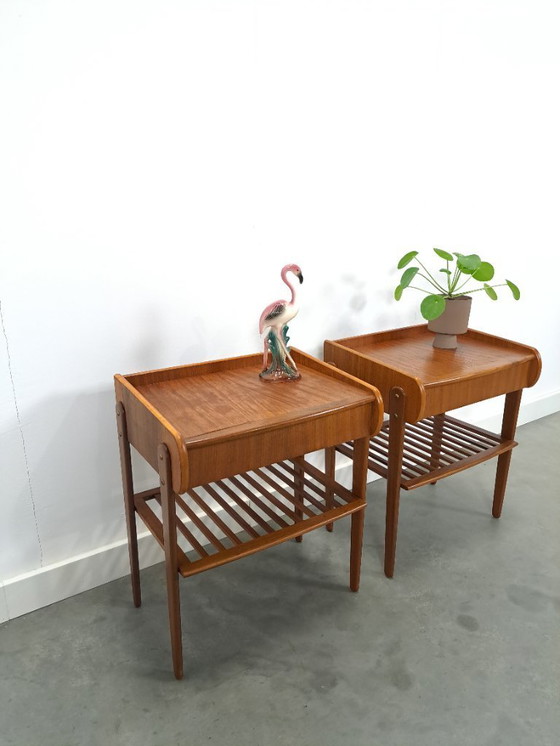 Image 1 of Teak veneer bedside table set with drawer from Sweden