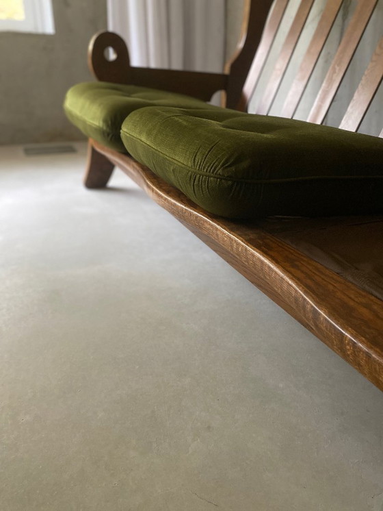 Image 1 of Divano in rovere massello – anni '70, stile rustico-brutalista, rivestimento verde