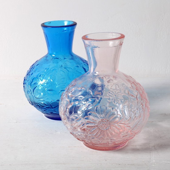 Image 1 of Set of 2 Vintage Pressed Glass Vases, Blue & Pink Floral Set, Italy 1960s