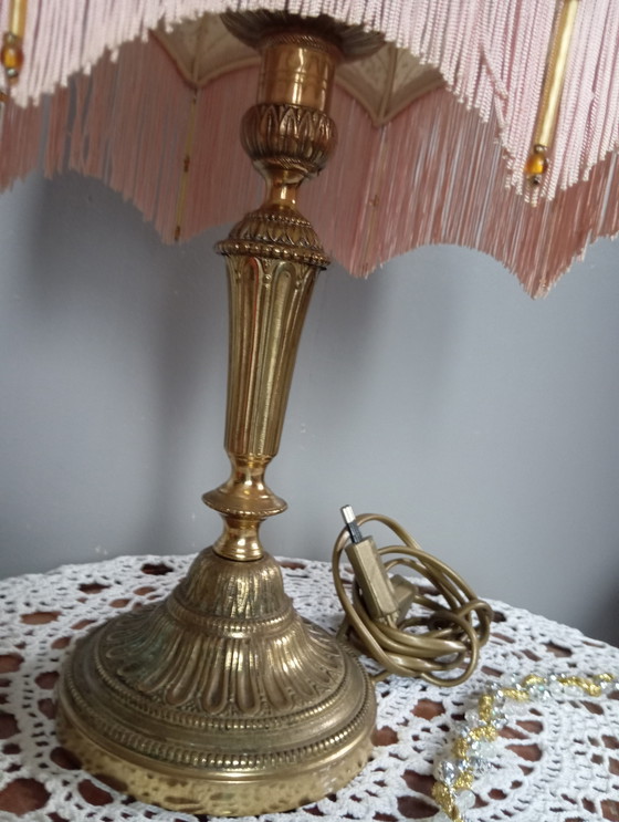 Image 1 of Bronze Living Room Lamp, Art Nouveau Style, Fabric and Fringe Dome Lampshade