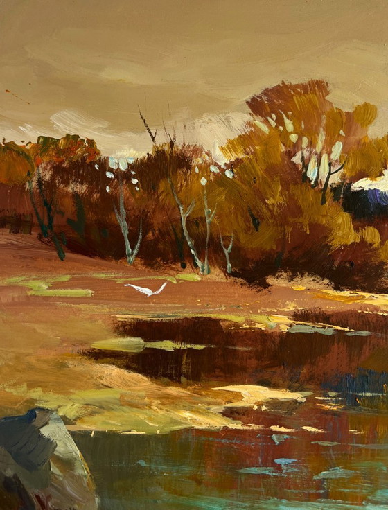 Image 1 of Original Oil Painting Autumn Coastal Landscape Birds fly over the river