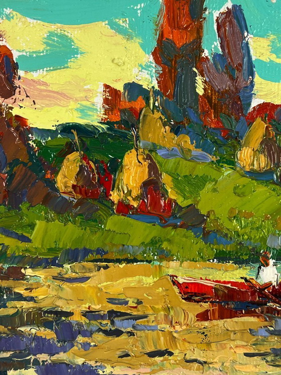 Image 1 of Peinture à l'huile originale représentant un paysage naturel, un bateau et un coucher de soleil se reflétant sur la rivière.