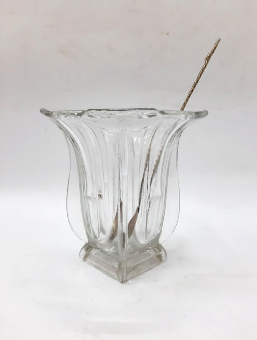 Secchiello per il ghiaccio vintage con cucchiaio; ciotola per il ghiaccio in vetro trasparente pesante