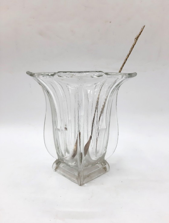 Image 1 of Secchiello per il ghiaccio vintage con cucchiaio; ciotola per il ghiaccio in vetro trasparente pesante