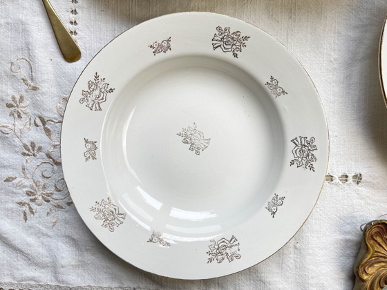 6 Vintage Digoin & Sarreguemines France 1950 Porseleinen Diepe Borden met Kleine Gouden Bloemen – Servies (photo 7 of 14)