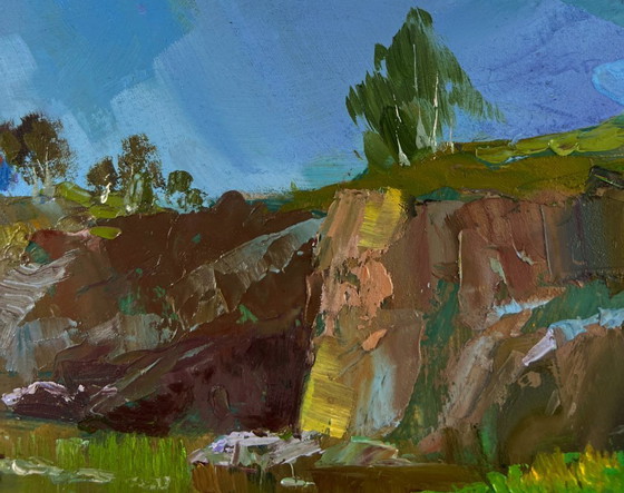 Image 1 of Original Oil Painting Summer River Landscape River flows through rocky cliffs