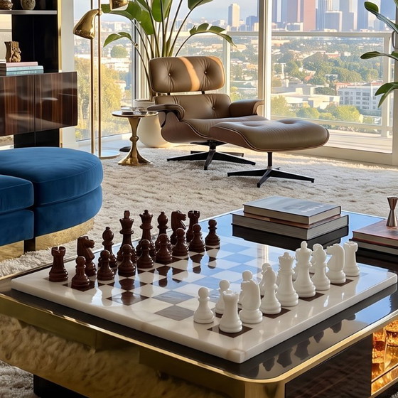 Image 1 of Magnifique jeu d'échecs marron et blanc des années 1970 en albâtre de Volterra, fait main. Fabriqué en Italie.