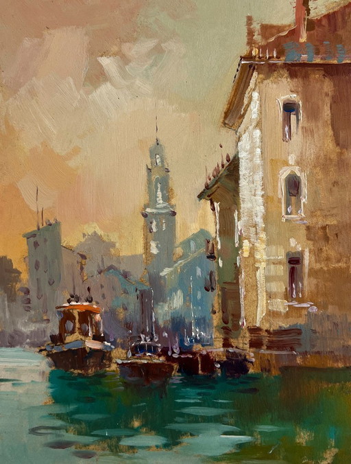 Original Oil Painting Evening City Landscape Venice sunset
