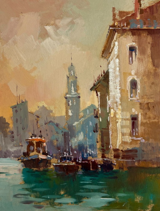 Image 1 of Original Oil Painting Evening City Landscape Venice sunset