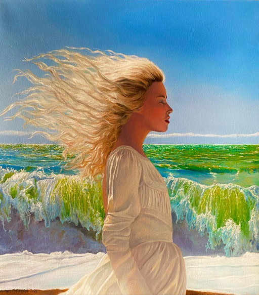 Original Oil Painting Portrait of a Girl Landscape Sea Breeze – schilderijen tekeningen, Canvas