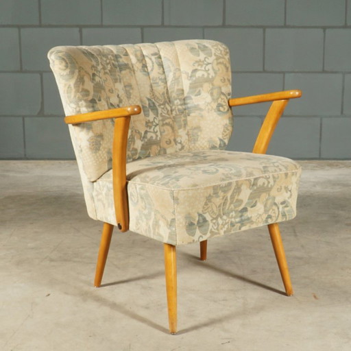 Fauteuil cocktail vintage – Velours – Accoudoirs en bois – Années 1960 – Textile