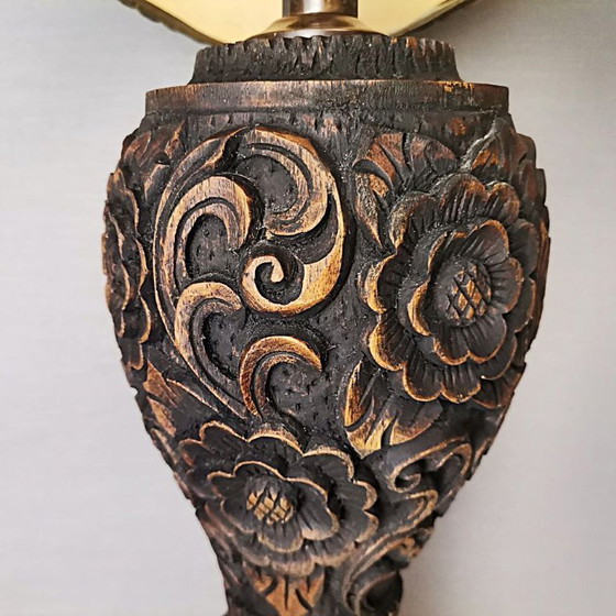 Image 1 of Large Portuguese Carved Wood Half Shade Buffet Table Lamp
