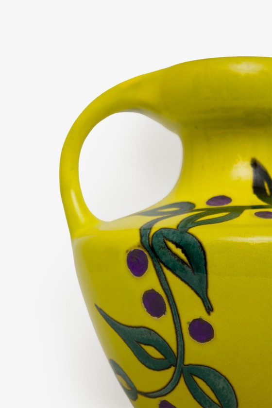 Image 1 of Vaso in anfora gialla Marei 9302 in ceramica anni '60/'70 con pianta decorativa