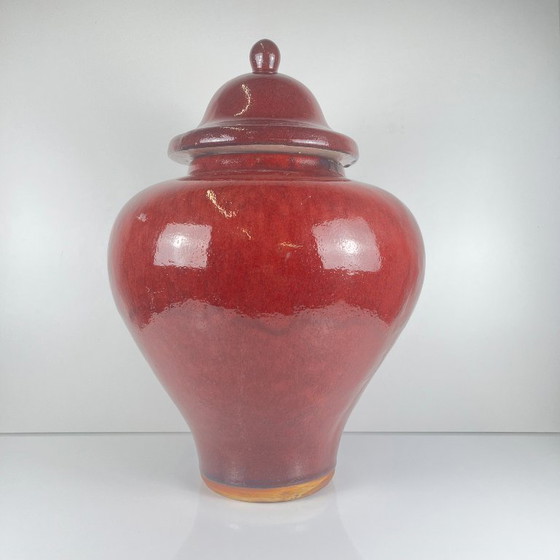 Image 1 of Grande vaso giapponese vintage con coperchio – ceramica smaltata rosso bordeaux – marchio di fabbrica – 49 cm
