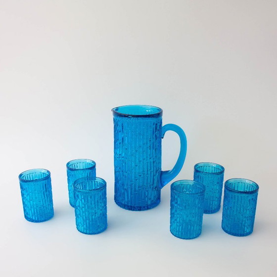 Vintage 1970s IVIMA Blue Glass Jug and Six-Glass Set, Glass & Decanter (photo 3 of 15)