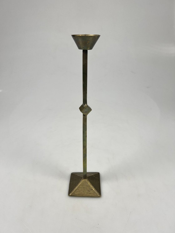 Image 1 of Vintage Zig Zag Candlesticks, Set of Two, Brass, Memphis Style, 1980s