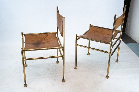 Image 1 of Set van 4 messing en lederen stoelen van Luciano Frigerio, Italië, jaren 70.