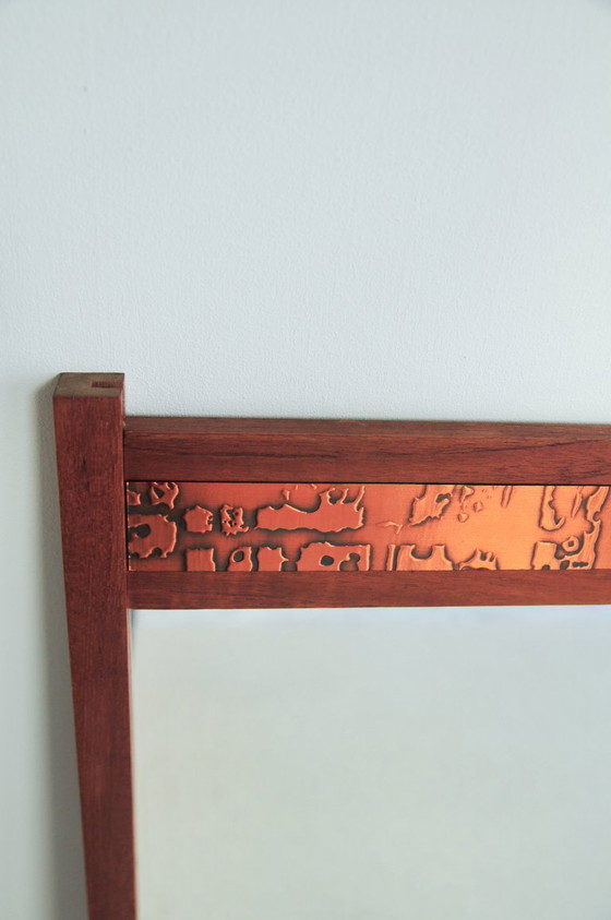 Teak Mirror with Copper Relief Strip – Glass, Wood, Vintage (photo 3 of 8)