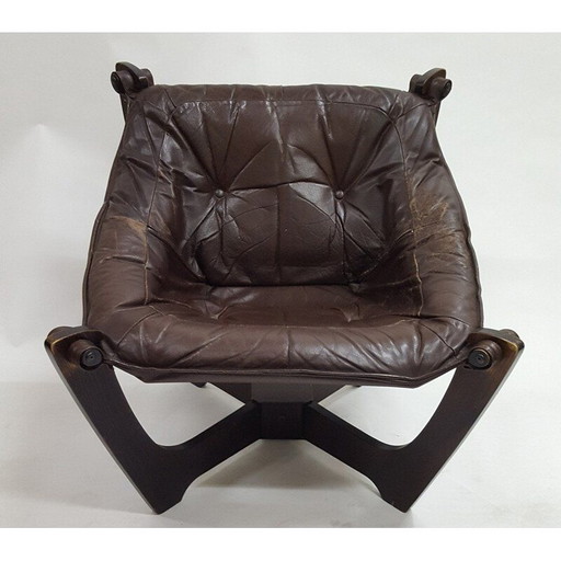 Poltrona vintage Luna Lounge di Odd Knutsen in pelle marrone, anni '70