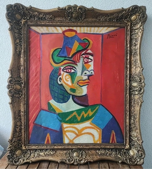 Vintage kubistisches Porträt einer Frau mit Hut, Öl auf Leinwand, Picasso-Stil