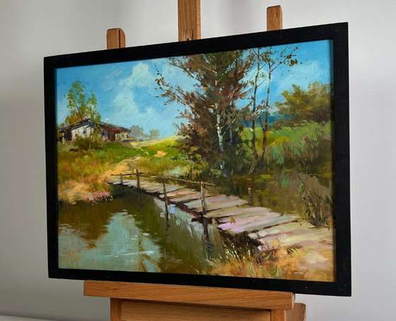 Image 1 of Original Oil Painting Nature River Landscape The Road Leading Home