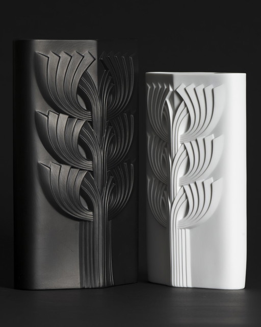 Rosenthal Rosemonde Nairac Bisque Porcelain Vase Duo Tree Of Life Op-Art Black & White 