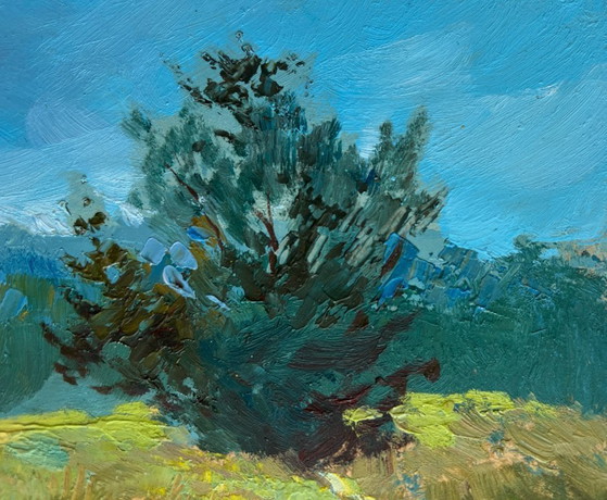 Image 1 of Original Oil Painting Summer Coastal Landscape Two people are sailing on a boat