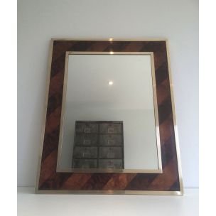 Miroir vintage français en bois et laiton, 1960