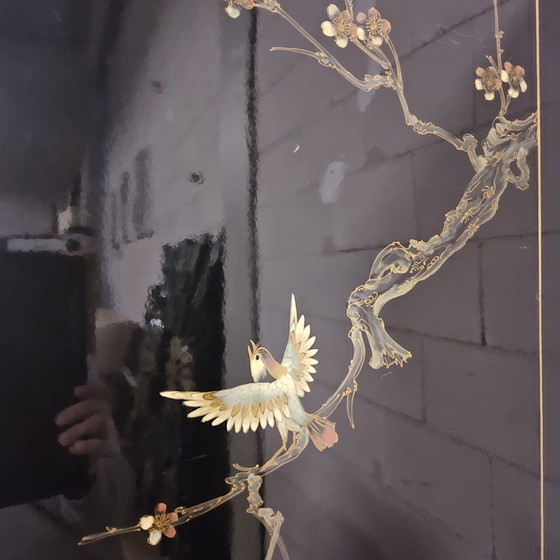 Image 1 of Vintage Chinese zwarte lakkast vogels en bloemen bohemian /bohemian kast (tv kast) oosterse kast 