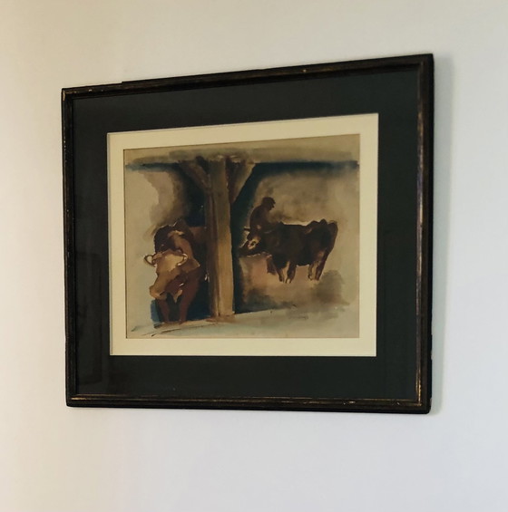 Image 1 of Jean Timmermans (1899-1986) - Mucche e contadino nella stalla Acquerello - Firmato a mano - 1930