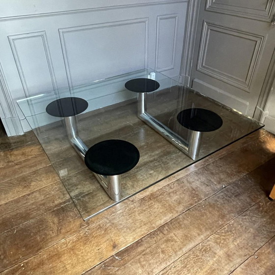 Grande table basse/de salon carrée italienne en acier tubulaire chromé, années 1970 – Livres d'art, Glass (photo 8 of 18)