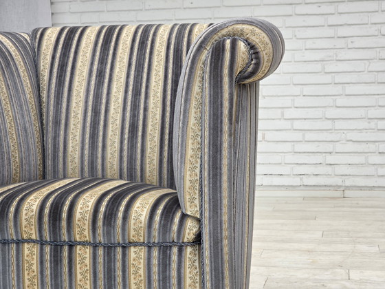 Image 1 of 1960s Danish Lounge Chair, Blue/Beige Furniture Velour, Beech Wood Legs