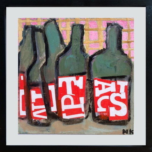 BOTTLES WITH RED AND WHITE LETTERS