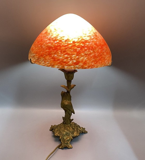 Image 1 of Art Nouveau style brass table lamp with red/black mushroom art de France glass