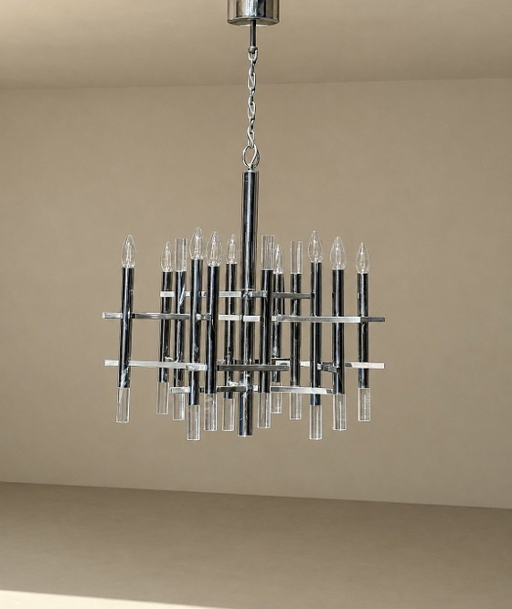 Image 1 of Lustre Gaetano Sciolari en chrome et lucite, style Mid-Century, Italie, vers 1970 — Étiquette d'origine