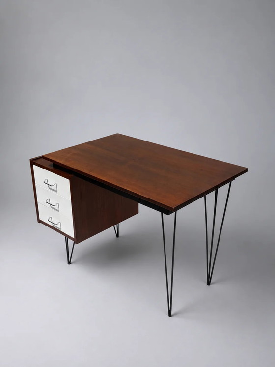 Vintage Tijsseling hairpin desk – Wood, polished steel, Scandinavian (photo 4 of 5)