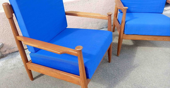 Image 1 of Pair of Scandinavian armchairs with blue cushions, 1960s