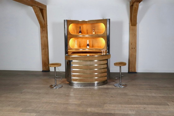 Image 1 of Suede And Chrome Dry Bar With Barstools In Cognac By Willy Rizzo, Italy 1970s