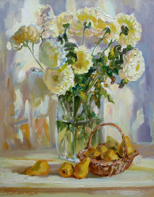 Pintura al óleo original Bodegón Flores Crisantemos Peras Sol de Otoño