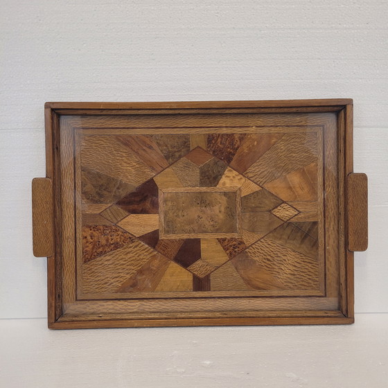 Image 1 of Bandeja Art Déco, Marquetería Y Cristal, 1950 – Francia