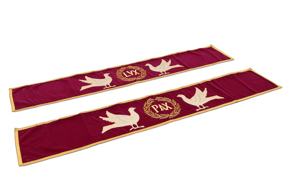 Image 1 of Raro set di 2 antichi stendardi religiosi o tovaglie d'altare, Belgio, anni 1900