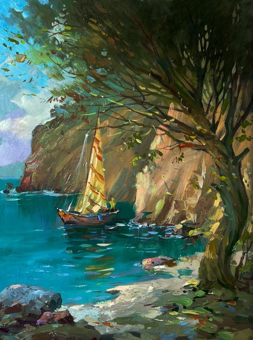 Peinture à l'huile originale, paysage marin, voilier, rochers, bateaux sur le rivage