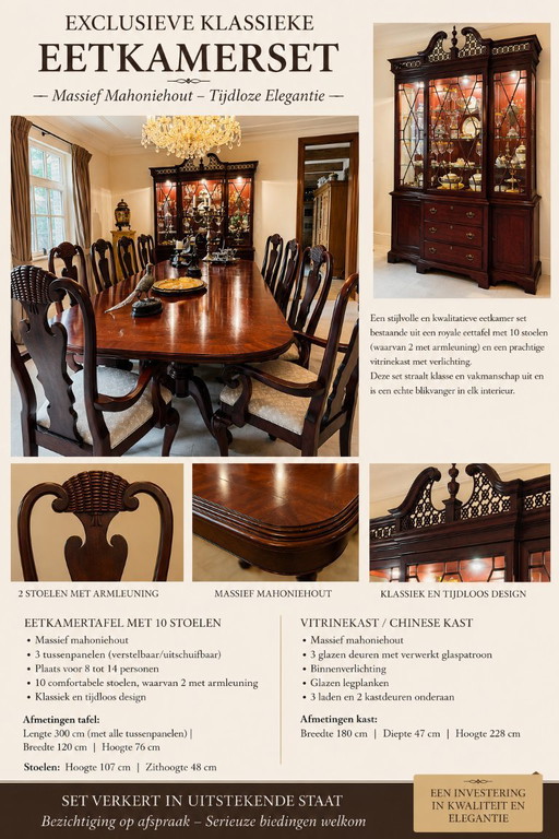 Exclusieve klassieke eetkamer set – Massief mahonie – Uitschuifbare tafel met 10 stoelen + vitrinekast – eetkamerset, Wood