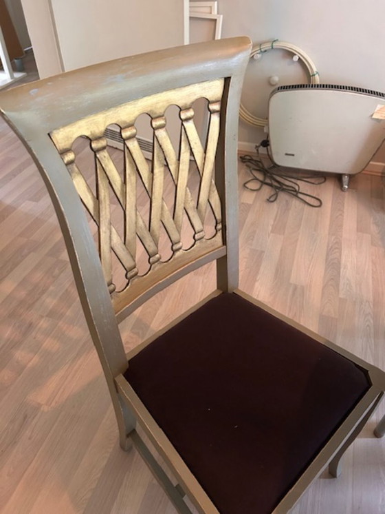 Image 1 of Unique round dining room table with marble-look top & 4 handcrafted chairs - artistically finished